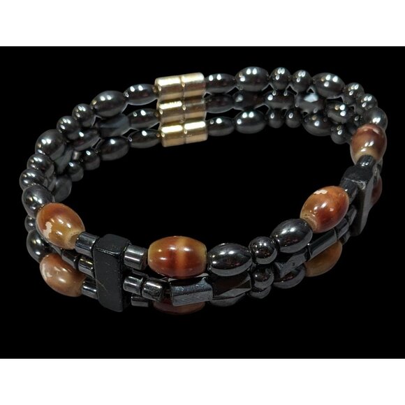 Men's Hematite And Brown Glass Layered Beaded Magnetic Bracelet - Picture 1 of 8
